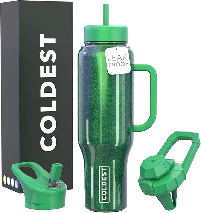 Coldest 40 oz Tumbler with Handle and Straw, 100% Leak Proof Insulated Tumbler with Lid and Straw (3 Lids), Stainless Steel Tumblers for Women & Men, Cup Holder Friendly, 46 oz (Enchanted Green)