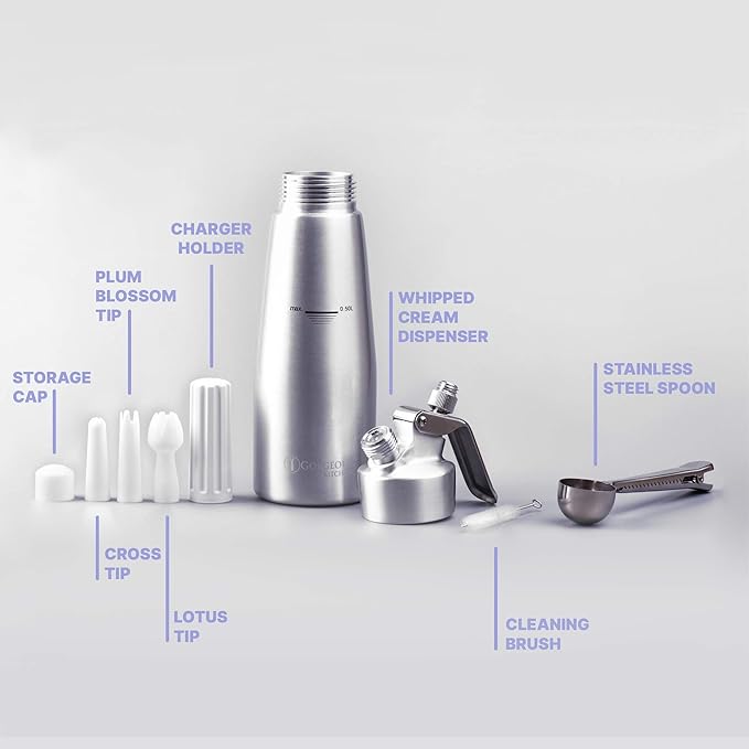 Professional Whipped Cream Dispenser 1 Pint Aluminum Cream Whipper, Durable Stainless Steel Coffee Spoon, 3 Decorating Nozzles, Charger Holder and Cleaning Brush (N2O Cartridge not Included)