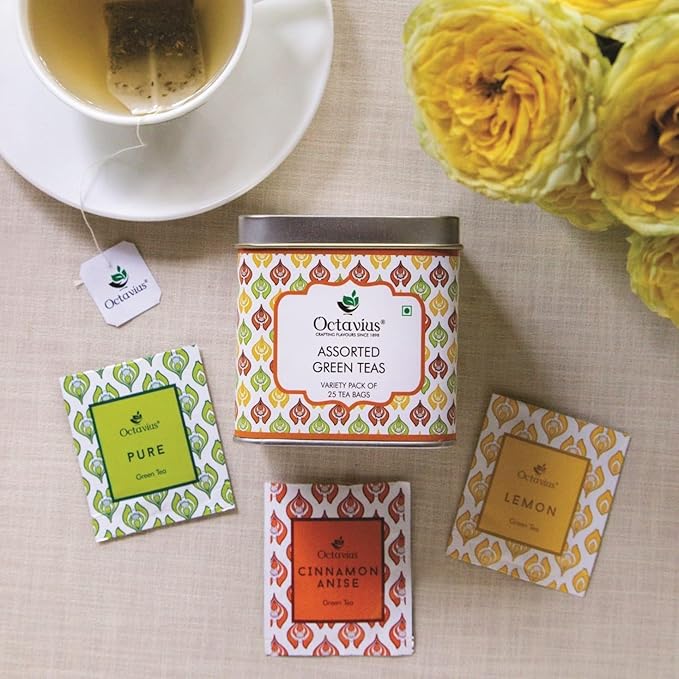 Octavius Green Tea Variety Pack | 3 Assorted Green Teas – Lemon Honey, Cinnamon Anise & Pure Green | 25 Tea Bags Each | Detox & Antioxidant-Rich | Tea Sampler Pack | Pack of 4