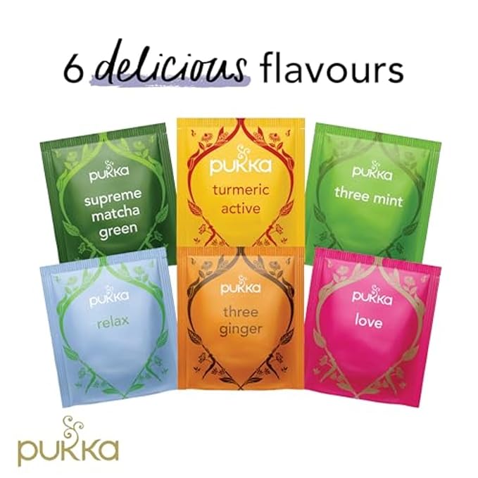 Pukka Tea Organic, Herbal Tea Sampler For Everyday Wellness, Best for Birthdays, Anniversaries & Holidays, Caffeine Free, 90 Bags, 6 Flavors