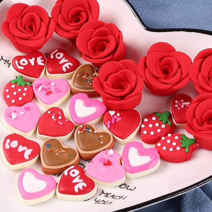 Edible Valentine Icing Decoration, Red Rose Icing Decoration, Royal Icing Heart Sprinkle, Strawberries Sugars Sprinkles for Cupcake Topper, Cake, Ice Cream, Macaron, Cookies and Chocolate.