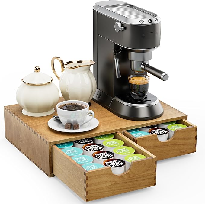 Pine Wood K Cup Organizer, Coffee Pod Storage Box for Counter, Coffee Pods and Tea Organizer Holder, K Pod Drawer Coffee Maker Machine Stand for Kitchen Office Coffee Bar (30 Pods Capacity, Walnut)