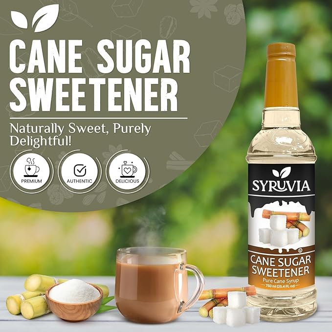 Syruvia Cane Sugar Sweetener Coffee Syrup - 25.4 fl oz. Premium Coffee Flavoring Syrup. Kosher and Gluten-Free. Perfect for Enhancing Drinks, Sodas, Shakes, Desserts, and More.