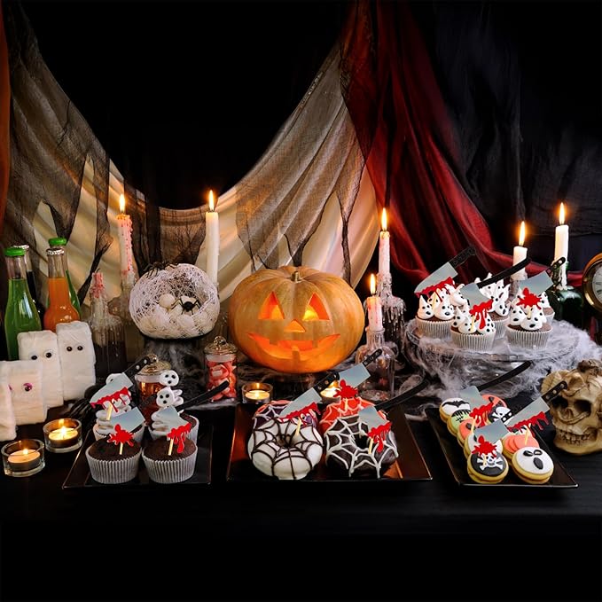60Pcs Halloween Cupcake Toppers,Glitter Horror Blood Knife Cupcake Picks Have a Killer Birthday Party Supplies