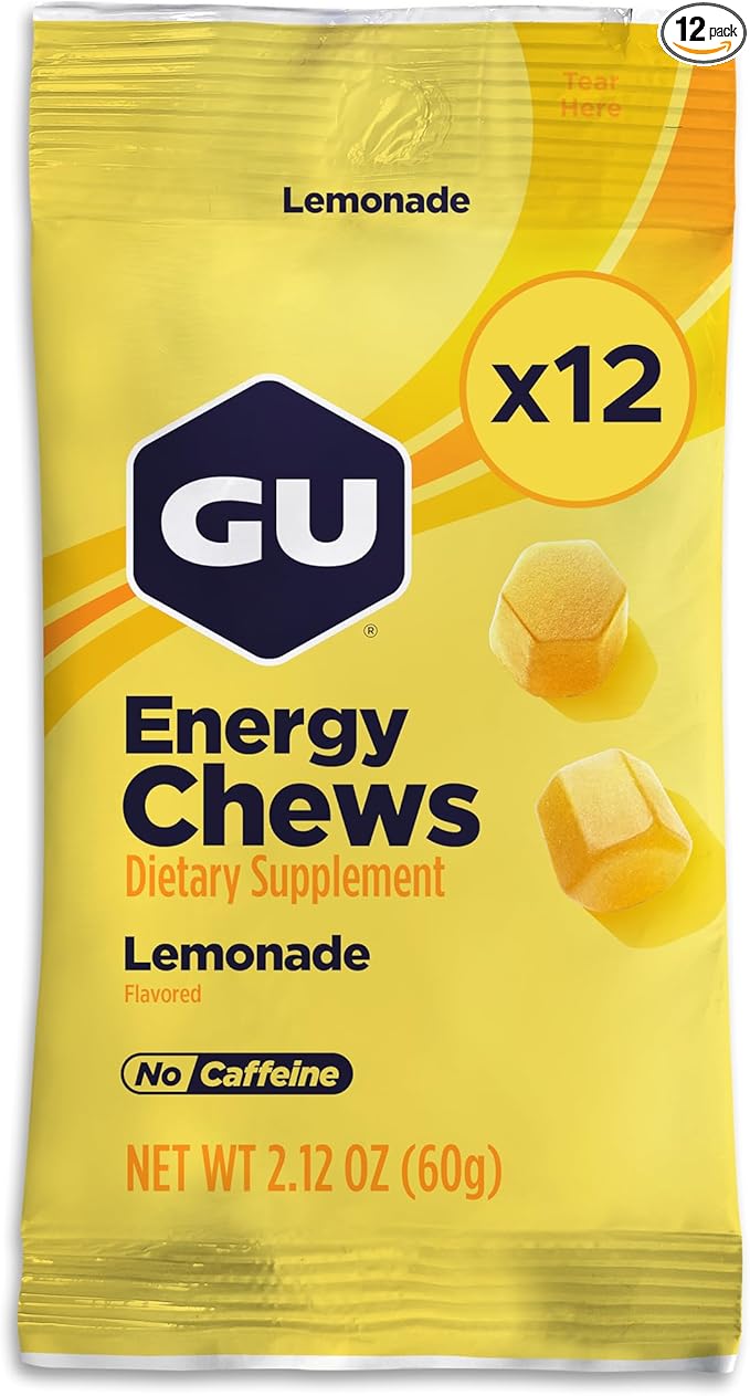 GU Energy Chews, Lemonade Energy Gummies with Electrolytes, Dairy-Free, On-The-Go Energy for Any Workout, 12 Bags (24 Servings Total)