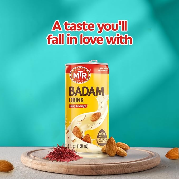 MTR Badam Drink, Ready-to-Drink - Authentic Indian Almond Milk Beverage, Real Bits of Almond & Saffron, No Added Preservatives, No Added Artificial Flavors & Colors, Gluten-Free, Refreshing Drink, Perfect for Anytime Refreshment, Pack of 12