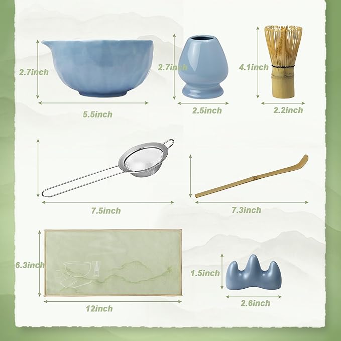 7-Pcs Matcha Whisk Set - Ceramic Matcha Set Includes Bowl,Whisk,Holder,Bamboo Scoop,Scoop Rest,Sifter & Tea Towel – Japanese Traditional Tea Kit for Beginners & Tea Lovers (Blue)