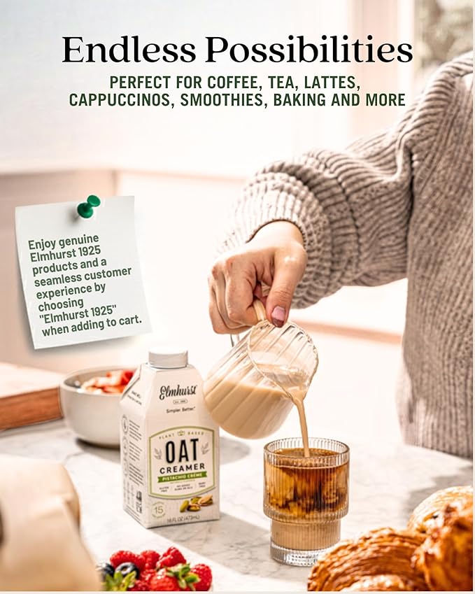 Elmhurst 1925 Pistachio Crème Oat Creamer - 16 Ounce (Pack of 6) Dairy-Free, Vegan, Kosher, Low Sugar, Shelf Stable Creamer Made with Oat Grains & Pistachios for Simpler Plant Based Alternatives
