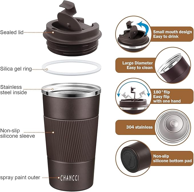 Travel Coffee Mug Spill Proof Leakproof 16 oz Insulated Coffee Mug with Screw Lid, Stainless Steel Vacuum Tumbler Reusable Thermal Coffee Cup to go for Hot and Cold Drinks -510ml, Brown