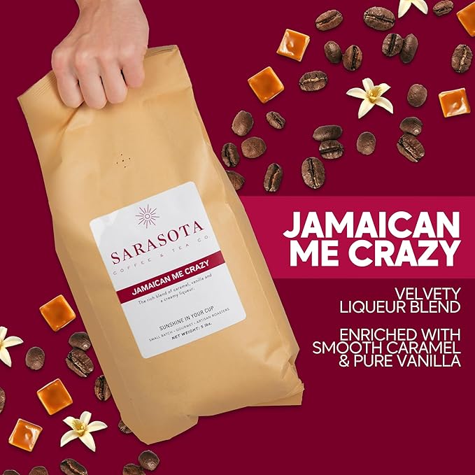 Sarasota Coffee Ground Jamaican Me Crazy | Medium Roast Gourmet Flavored Coffee Grounds | Low Acid, Mold Free, Specialty Grade Flavored Bulk Ground | 5lb (80 oz)