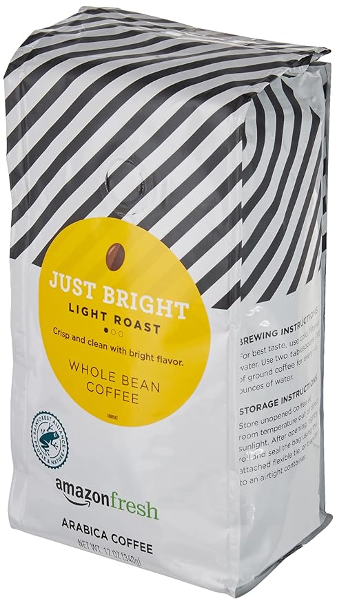 Amazon Fresh Just Bright Whole Bean Coffee, Light Roast, 12 Ounce (Pack of 3)