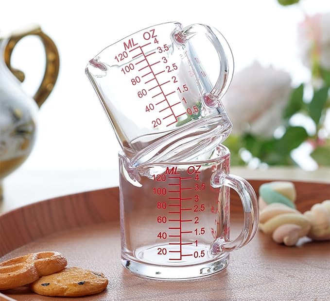 Shot Glass Measuring Cup 4 Ounce/120ML Liquid Heavy High Espresso Glass Cup with Handle,Double Spouts(Pack of 2)