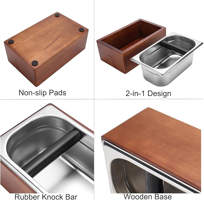 Knock Box Espresso, Coffee knockbox with Rubber Knock Bar and Anti-slip Pad, Commercial Use Large Capacity, Stainless Steel and Wooden, Espresso Accessory