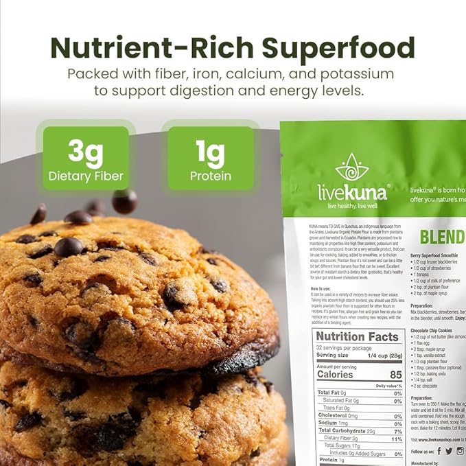 LiveKuna Organic Plantain Flour - Gluten Free All Purpose Flour Alternative For Baking & Cooking Recipes - Grain Free Vegan Plantain Flour, Rich In Fiber & Vitamins for Keto & Paleo Diets, 32oz Bag