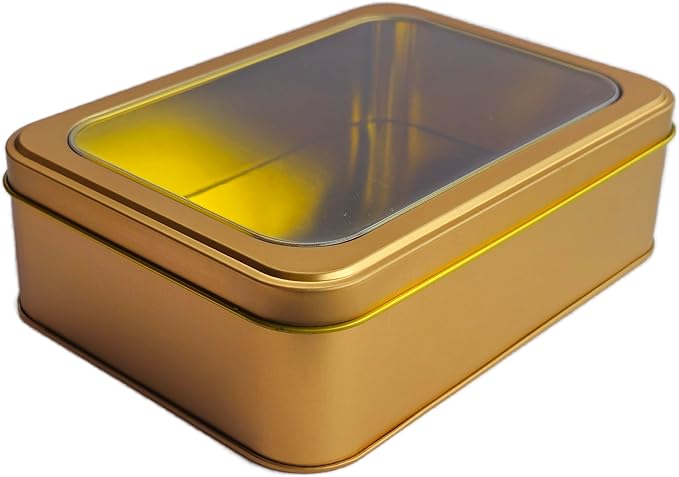 Gold Metal Tin Box With Clear Lid – Multipurpose Tin Storage Container for Cookies,Jewelry, Crafts, Pills, Gifts, Pencils and More - 7.25 x 5.25 x 2.25 Inches