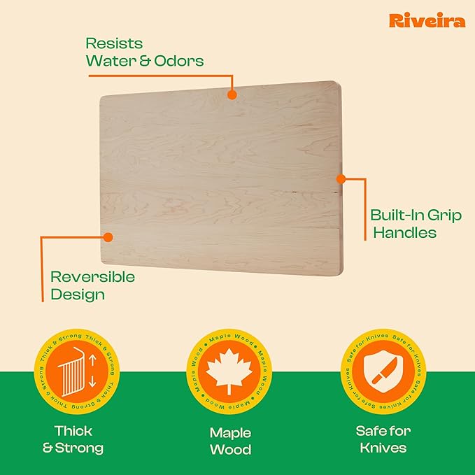Riveira Maple Wood Cutting Board – Versatile and Durable: Set Of 2 Pcs Rectangular Wooden Cutting Board – Natural Wooden Cutting Boards For Kitchen – Complete Maple Wooden Chopping Board