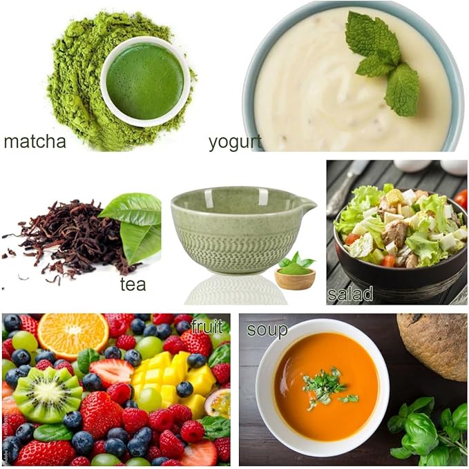 Ceramic Japanese Style Matcha Bowl Whisk Holder Temperature Resistant Braid Textured Matcha Tea Bowl Set With Spout for Trip (Green)