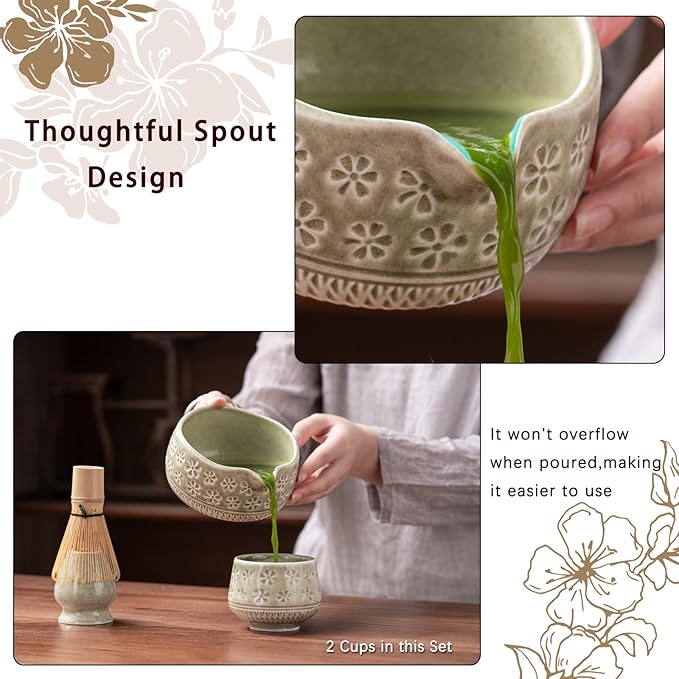 Matcha Whisk Set, 10 Pcs Matcha Set Includes Matcha Bowl, 2 Cups, Matcha Whisk and Holder, Bamboo Scoop and Spoon, Scoop Rest, Sifter and Tea Towel, Complete Matcha Kit (Mottled Green)