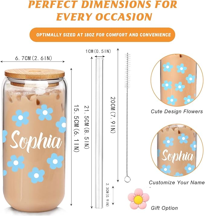 Personalized Glass Cup with Names-Custom Cup Can Shaped Glass with Lids and Straws18OZ Iced Coffee Cups-Gifts for Mothers Day Women Friend (Flower-name)