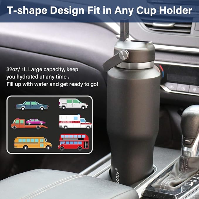 HYDROWION 32oz Stainless Steel Water Bottle(Cold for 48 Hrs, Hot for 24 Hrs),Double Wall Vacuum Insulated Water Bottle with Straw Lid, Spout Lid and Flex Cap, Fit in Any Car Cup Holder,Black