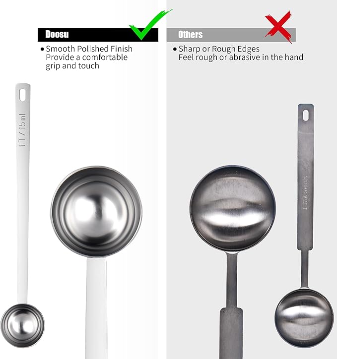 18/8 Stainless Steel Coffee Scoops, Doosu Food-Grade Metal Measuring Spoons with 6.9in Long Handle, Tablespoon Scooper for Coffee Beans, Ground Coffee, Espresso, Protein Powders, Tea (1 & 2 Tbsp)