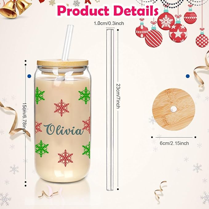 Personalised Christmas Cup, 18oz Clear Glass Cups with Lids and Straws，Cute Cups for Women，Snowflake Design, Reusable Drinking Cup with Bamboo Lids, Christmas Gifts for Men, Women and Friends