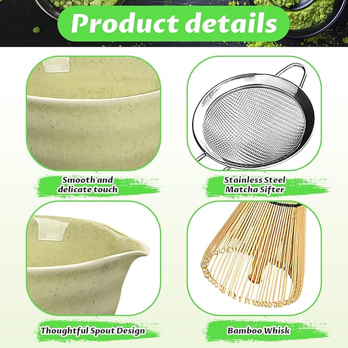 Matcha Set, 6 Pcs Matcha Whisk Set with 20 oz Bowl, Bamboo Whisk for Matcha Tea, Matcha Bowl, Ceramic Matcha whisk Holder, Stainless Sifter and Scoop - Gift for matcha kit Lovers（Green）
