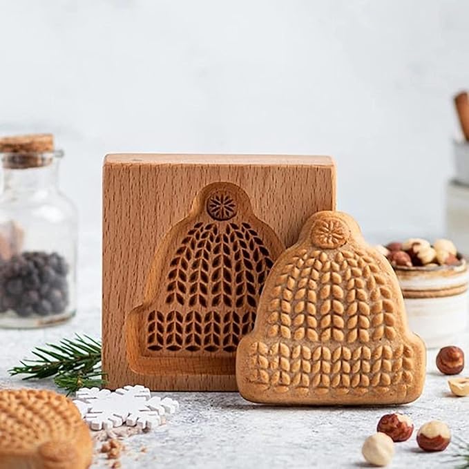 MOTEERLLU Wooden Cookie Molds Baking, Wood Cookie Stamp Cutter Carved Biscuit Embossing Gingerbread Mold