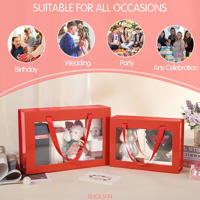 Large Red Clear Gift Box, 13.5x9x4.1 Inches, With Window & Handle, Magnetic Closure, Suitable for Various Occasions