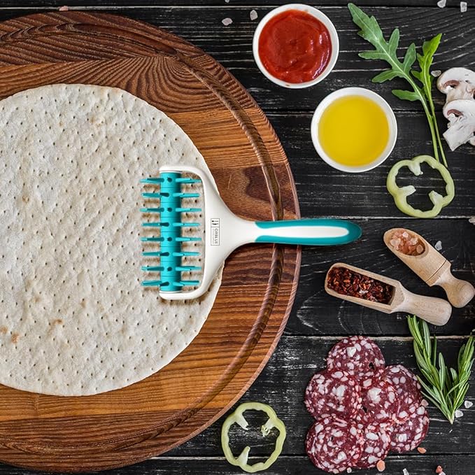 Orblue Pizza Dough Docker, Pastry Roller with Spikes, Pizza Docking Tool for Home & Commercial Kitchen - Pizza Making Accessories that Prevent Dough from Blistering, Aqua