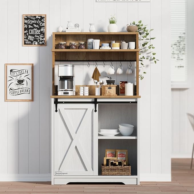 Farmhouse Coffee Station with 3 Tier Storage Hutch & 6 Hooks - 56 Inch Small Coffee Bar Table with Adjustable Shelves for Living/Dining Room