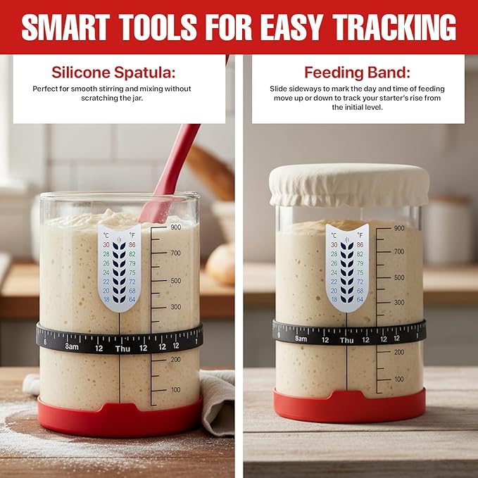 Sourdough Starter Kit, 34 Oz Sourdough Jar with Measuring Cup, Thermometer, Spatula, Dough Scraper, Bread Lame, Silicone Base & Cloth Cover, Feeding Band, Bread Baking Supplies for Bakers (34 Oz)