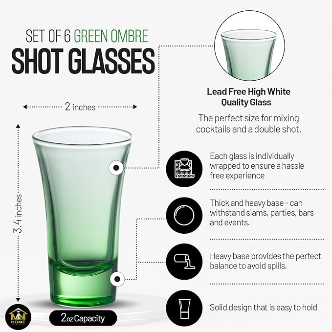 M&N HOME Ombre Green Shot Glass Set, 2 Oz Set of 6 Colored Shot Glasses, Whiskey Glasses, Tequila Shot Glasses, Cocktail Glasses, Round Shot Glasses for Vodka, Spirits & Liquor (Gradient Green Set)