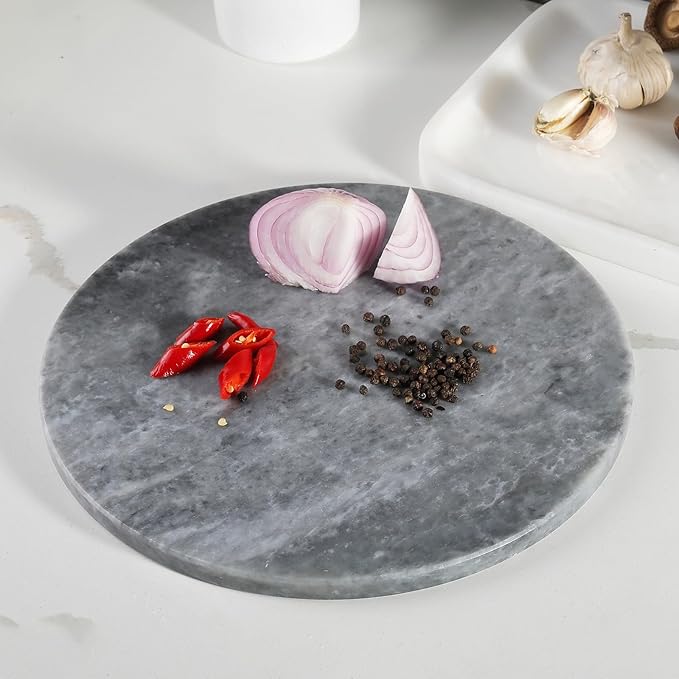 Koville African Natural Marble Cutting Board for Kitchen, 11inch Round Hand Crafted Marble Slab for Cheese, Charcuterie, Pastry Board - Wedding Gift, House Warming Gift(Rhino Grey)