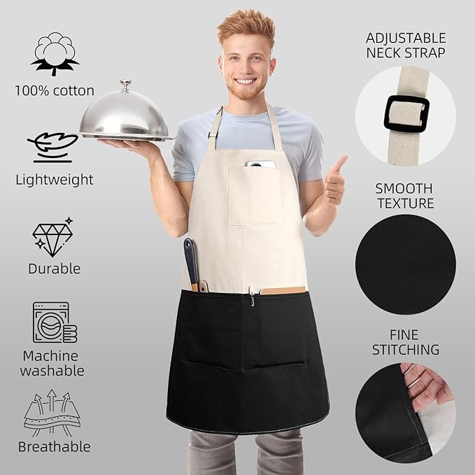Chef Apron Unisex Two-Tone Professional Kitchen Bib Apron with 2 Pockets Cooking, Grilling, and Baking Gift