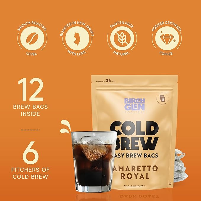 Birch Glen Roasters Cold Brew Coffee Bags - 12 Pack of Coarse Ground Coffee Filter Pitcher Packs for Easy Brewing - 100% Arabica - Yields 6 Pitchers - Pecan Pie Flavor
