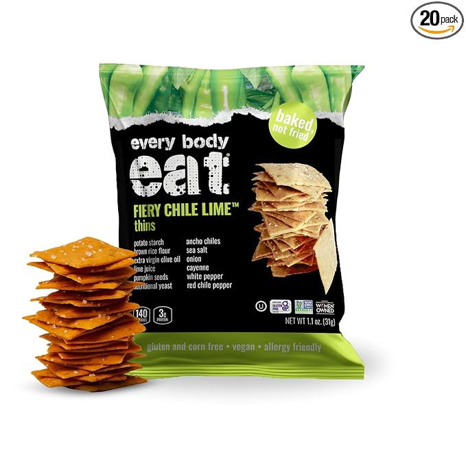 Every Body Eat Snack Thins, Gluten & Dairy Free, Vegan, School Safe Lunch Snacks, Fiery Chile Lime (20 Single Serve Bags, 1.1oz)