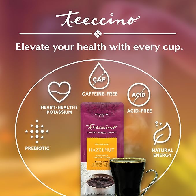 Teeccino Hazelnut Chicory Coffee Alternative - 11 Ounce - Ground Herbal Coffee That’s Prebiotic, Caffeine Free & Acid Free, Medium Roast, (Pack of 3)