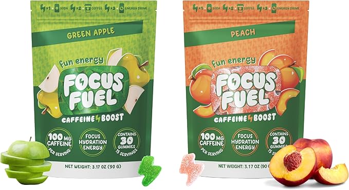 FocusFuel Energy Chews Variety Pack – Peach & Green Apple (2-Pack, 30 Servings Total) – 100mg Natural Caffeine + Nootropics – Crisp, Sweet Energy Combo