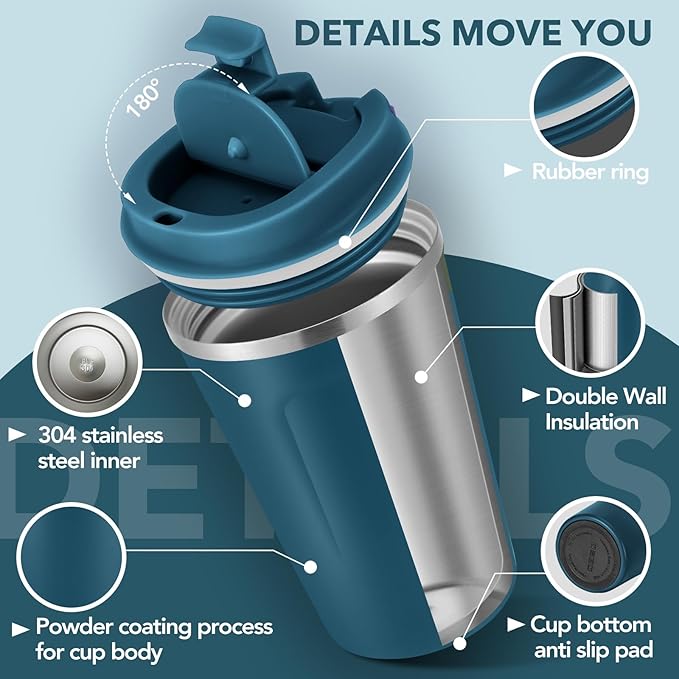 Volhoply 12 oz Double Wall Insulated Vacuum Travel Coffee Mug with Flip Lid Bulk 8 Pack,Reusable Stainless Steel Leak Proof Coffee Cup,Portable Cafe Thermal Tumblers for Hot & Cold Drinks(Bule,8 Set)