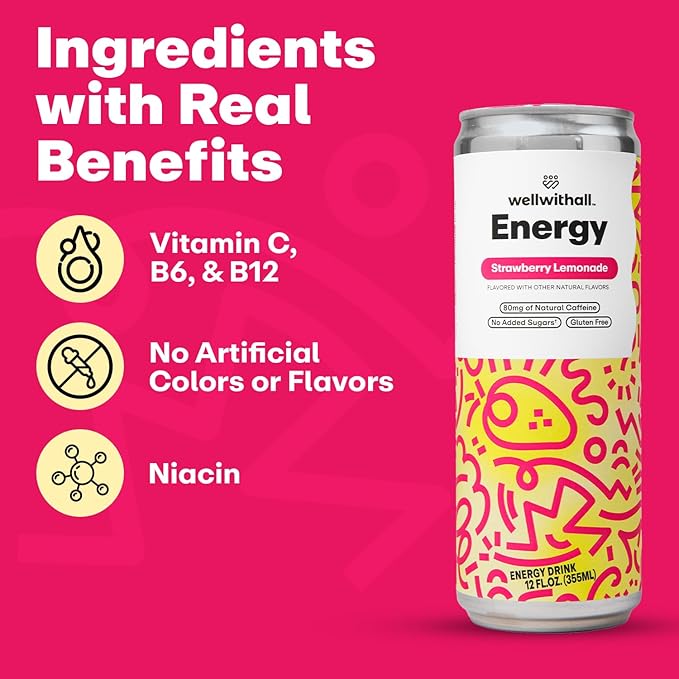 WellWithAll Energy Drink - Natural Caffeine from Tea - Healthy Energy Drink - Lightly Sparkling - Blend of Fruit and Veggie Juices - 12 Oz (Pack of 12) (12 Fl Oz (Pack of 12), Strawberry Lemonade)