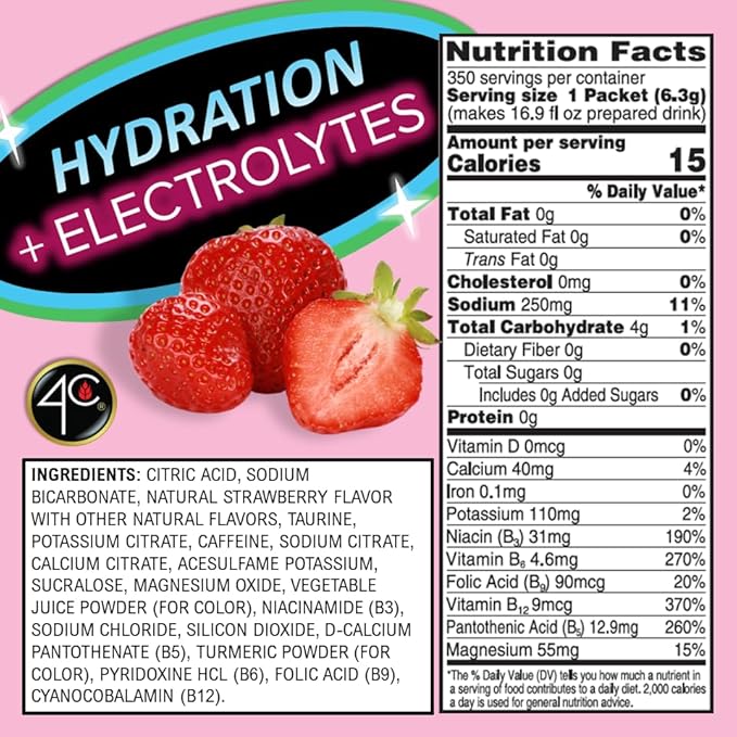 4C Powder Energy Rush Stix, Energy Rush - Strawberry Electrolyte 350 Count, Bulk Buy, Singles Stix, On the Go, Refreshing Water Flavorings, Value Pack