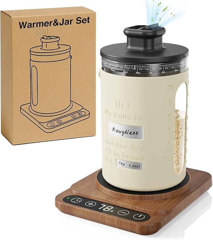 Sourdough Starter Warmer with Sourdough Starer Jar Set, Personalized 34oz Large Glass Fermentation Jar with Silicone Sleeve, Auto On/Off, 12H Timer – Ideal for Winter Home Baker