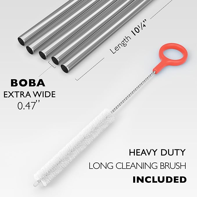 5 Boba Straws Stainless Steel + Cleaning Brush. 10.23" Long Extra Wide Metal Straws Reusable Fat Thick Large Jumbo for Smoothies, Bubble Tea. Dishwasher Safe Hard Drinking Straws. SILVER