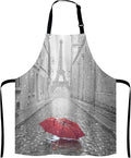 Paris France Apron, Red Umbrella in Rain Eiffel Tower Unisex Kitchen Bib with Adjustable Neck for Cooking Gardening,Adult Size