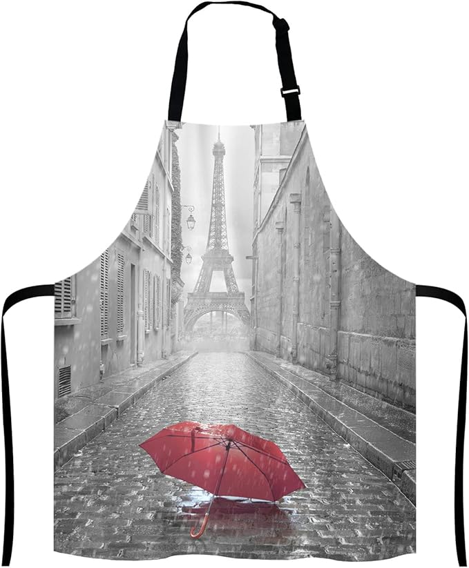 Paris France Apron, Red Umbrella in Rain Eiffel Tower Unisex Kitchen Bib with Adjustable Neck for Cooking Gardening,Adult Size