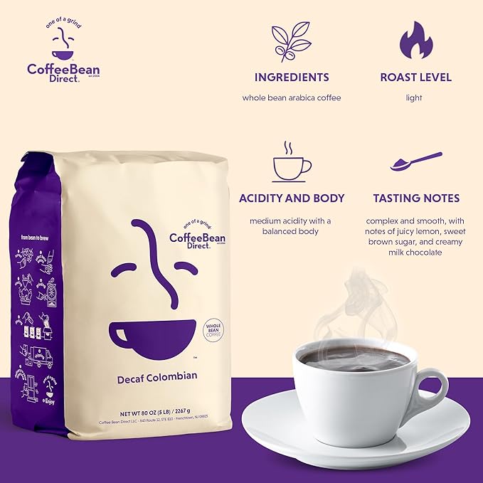 Coffee Bean Direct Decaf Colombian, Whole Bean Coffee, Light Roast, 5 Pound Bag (Pack of 1)