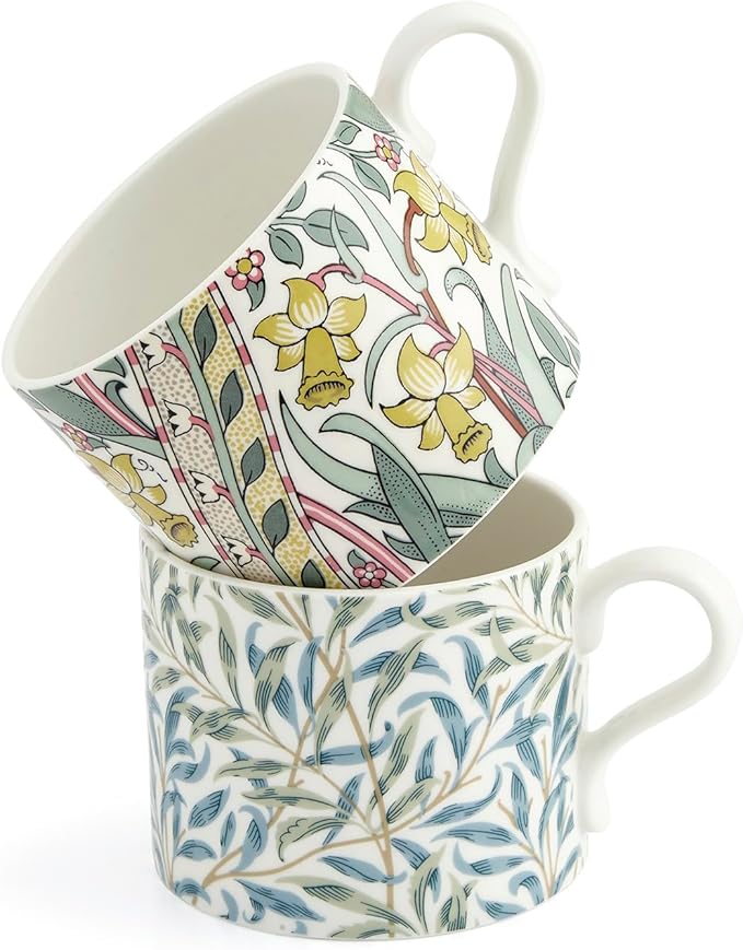 Spode Morris & Co 12oz Mugs, Set of 2 (Daffodil & Willow Bough) - Microwave & Dishwasher Safe, Elegant Porcelain Drinkware for Coffee Bar or Giftable Home Kitchen Mug Set. Ideal for Coffee & Tea