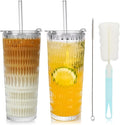 2 Pack Glass Tumblers with Lids and Straws 18oz: Leak-Proof Drinking Glasses with Airtight Lid, Stylish Water Ripple Design, Reusable Glass Iced Coffee Cups for Cold Drinks, Car Holder Fit