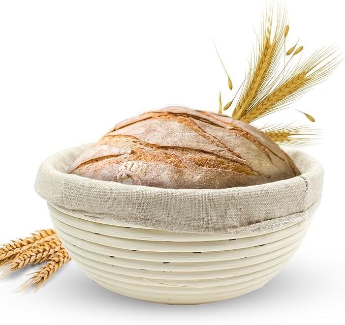 Banneton Bread Proofing Basket sourdough proofing basket for Beginners & Professional Bakers, Handwoven Rattan Cane Bread Maker with Linen for Artisan Breads, 8.5 x 3 In, 1-Pound Round Brotform